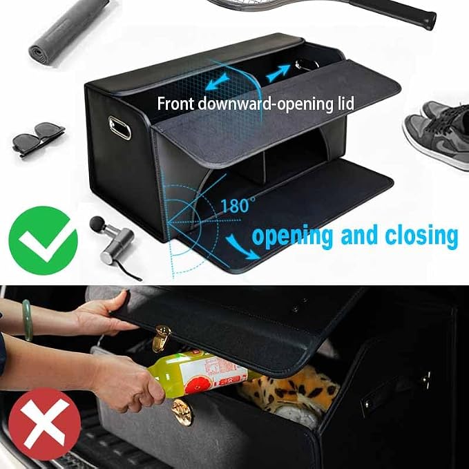 GMQ Double-layer Trunk Organizers for Car,Double Door Car Organizers and Storage Shoes for SUV,Magnetic Lid with Collapsible Storage, Large Capacity for SUV, Truck, MPV (Black, M-15.8×13×12.5 IN)
