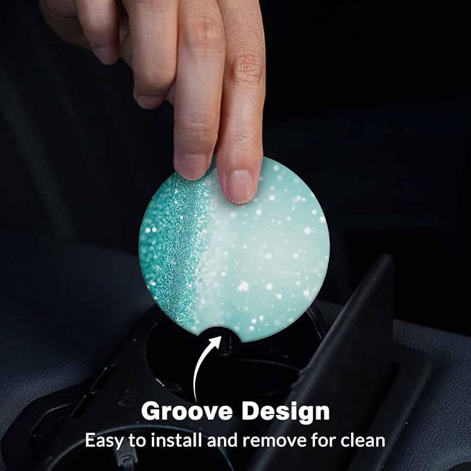 Teal Sparkle 2 Pack Car Cup Holder Coaster Anti Slip Insert Absorbent Ceramic Car Coaster with Cork Base and Finger Notch Cute Car Accessories Interior for Women Men