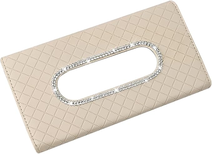 Bling Car Visor Tissue Holder, Crystal Rhinestones Vehicle Sun Visor Hanging Napkin Organizer Case with Ergonomic Take Out Port, Automotive Interior Tissue Dispenser, Universal Fit (Beige)