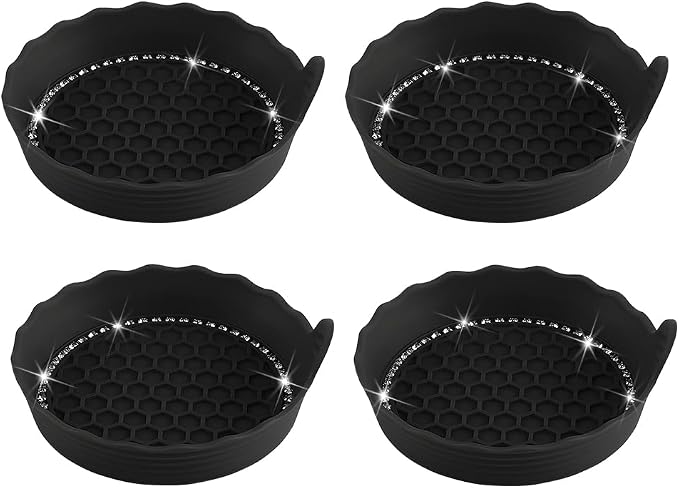 HZEL 4PCS Bling Car Cup Holder Coaster, Shiny Crystal Rhinestone Silicone Dustproof Drink Cup Insert Pad, Dazzling Automotive Interior Water Bottle Holder Embedded Mat, Universal Fit (Black)
