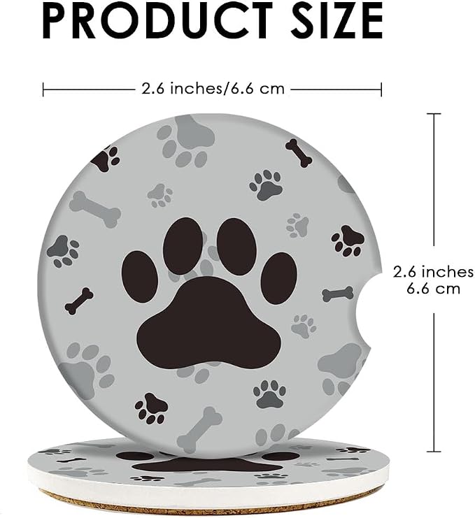 Britimes Absorbent Car Coasters 2 Pack for Cup Holders, 2.56" Ceramic Stone & Non-Scratch Cork Base Drink Coasters Dog Footprints