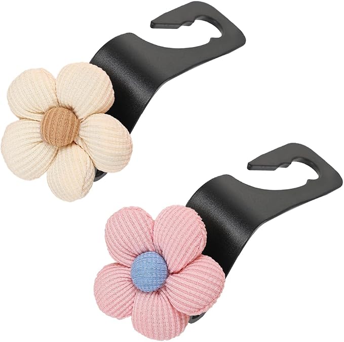 2PCS Car Seat Headrest Hook, Cute Flower Vehicle Backseat Purse Handbag Storage Hanger, Floral Auto Seat Back Holder Hook for Coat Umbrella Grocery, Universal for Vehicles (Beige/Pink)