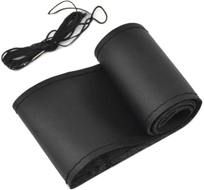 AUTOXBERT 38cm/15 Inch Leather Steering Wheel Cover Stitch On Wrap, Black | Breathable, Anti-Slip Steering Wheel Cover for Nissan Qashqai Toyota Camry RAV4 VW Golf