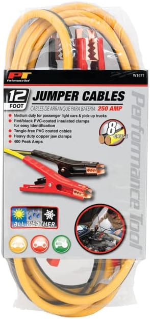 Performance Tool W1671 8GA x 12' (300 AMP) Jumper Cables - Heavy Duty Booster Cables with Copper-Clad Aluminum Wire for Cars, Trucks, and SUVs