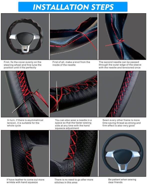 Carodi Leather Steering Wheel Cover, Breathable Non-Slip Design, Soft and Comfortable Feeling, Universal 15 Inch Auto Car Steering Wheel Stitch on Wrap(Size M+, Black)