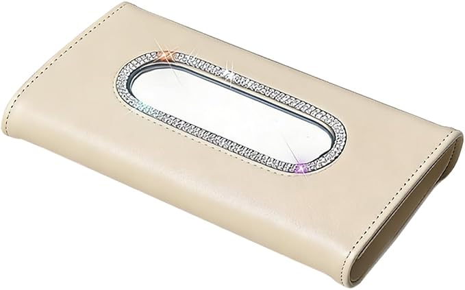 Bling Car Sun Visor Tissue Holder, Sparkling Crystal Rhinestone Visor Paper Towel Mask Box Holder, Glitter Diamond Auto Interior Napkin Cover Case, Universal for Truck SUV Van (Beige)