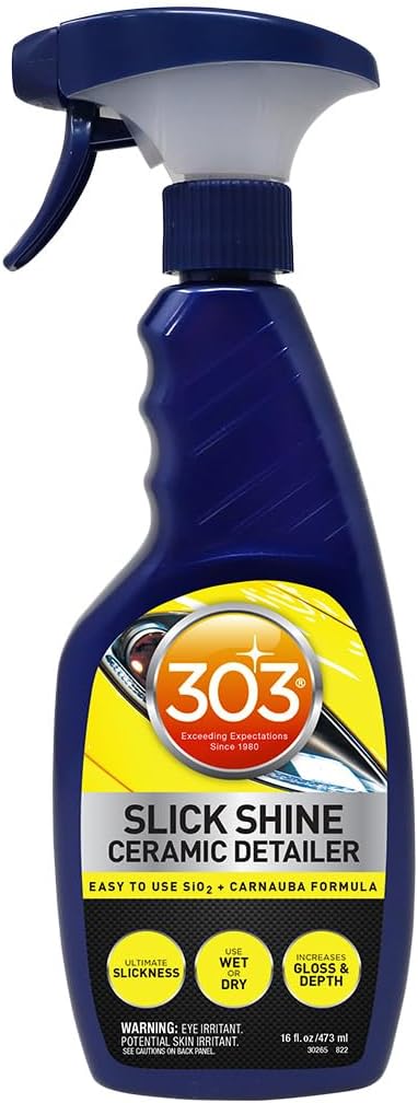 303 Products (30265 Slick Shine Ceramic Detailer - SiO2 and Carnauba Infused Ceramic Coating - Premium Ceramic Detailing Spray - Increases Shine and Gloss - Works on Paint, Glass, and Wheels - 16Oz | SiO2 and carnauba formula boosts gloss on paint, gla...