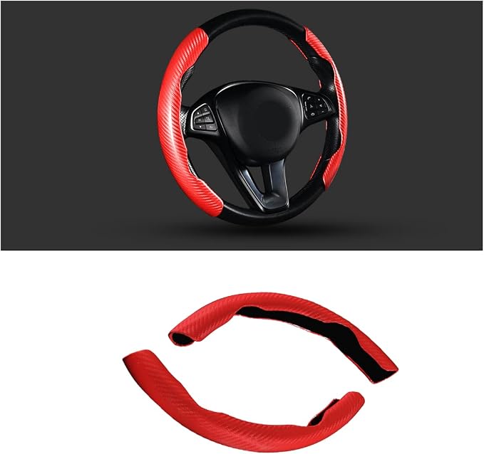Steering Wheel Cover, 2PCS Segmented Steering Wheel Protector, Carbon Fiber Anti-Slip and Durable Car Accessory, Universal Fit for Most Cars,SUVs (Carbon Fiber Red)