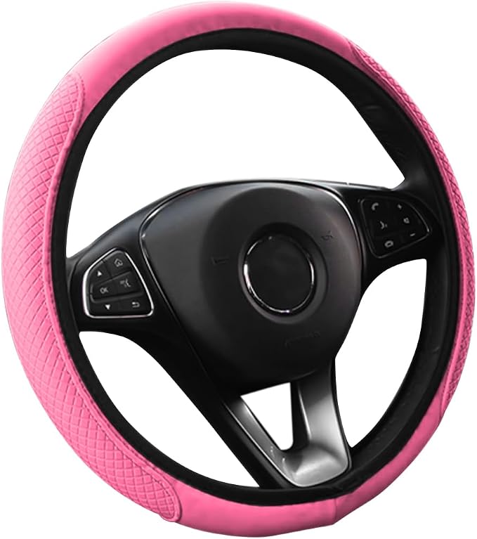 Leather Car Steering Wheel Cover, Anti-Slip Breathable Microfiber Leather Steering Wheel Protector for Women Men, Universal 15'' Elastic Soft Odorless, Car Accessories for Car, Truck, SUV (Pink)