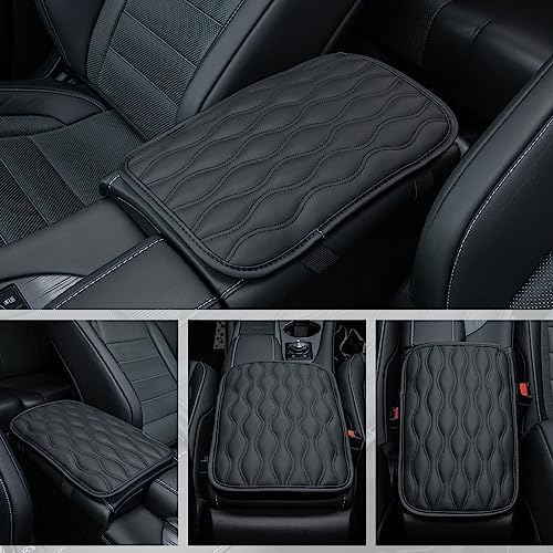 Amiss Car Center Console Cover, Upgraded Leather Car Armrest Cushion, Universal Waterproof Cushion Pad, Non-Slip Car Interior Accessories, Fits Most Sedans SUVs Trucks (Black)