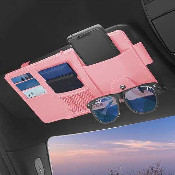 1 Pack Car Sun Visor Organizer, Sunglasses Holder for Car Sun Visor, Auto Interior Accessories Pocket Organizers Can Store for Sunglasses, Documents, Cards, Pen, Drivers License (Pink)