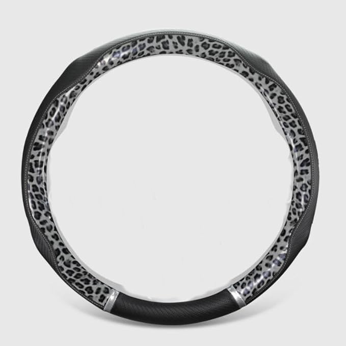 Peach Wood Grain Steering Wheel Cover Anti-Slip Breathable Durable Leather Four Seasons Universal 15 Inch Car Wrap Cover (Leopard-Gray)
