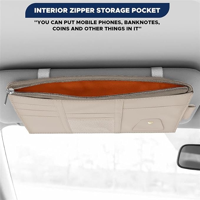 EcoNour Car Sun Visor Organizer (Beige) | Multi-Pocket Net Zipper Case for Cash, Card, Pen & Sunglass | Visor Organizer Storage Pouch | Interior Accessories with Pocket for Car & Truck | Small