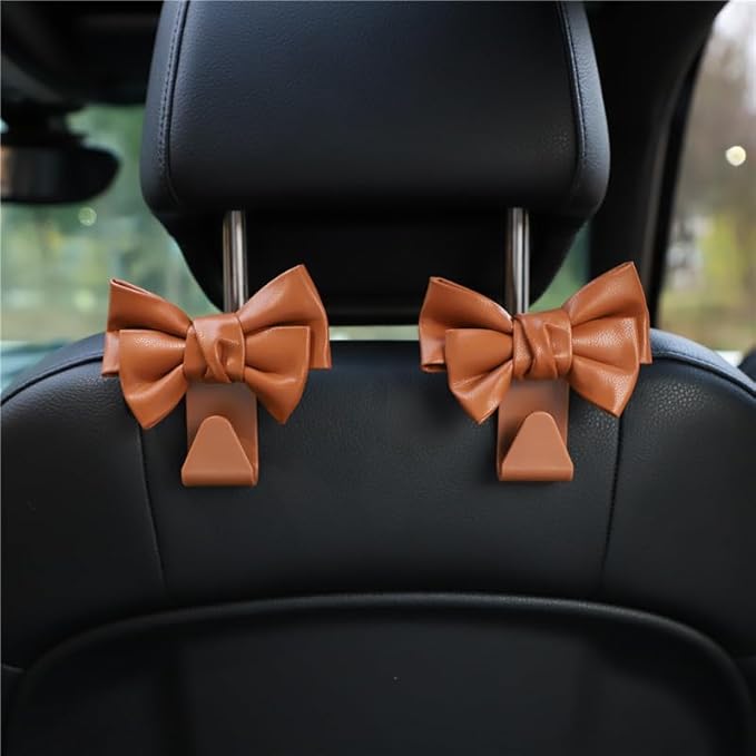 2 Pack Car Purse Hooks, Cute Bow Car Seat Headrest Hook Hanger for Purses and Bags, Space-Saving Car Accessory(brown)