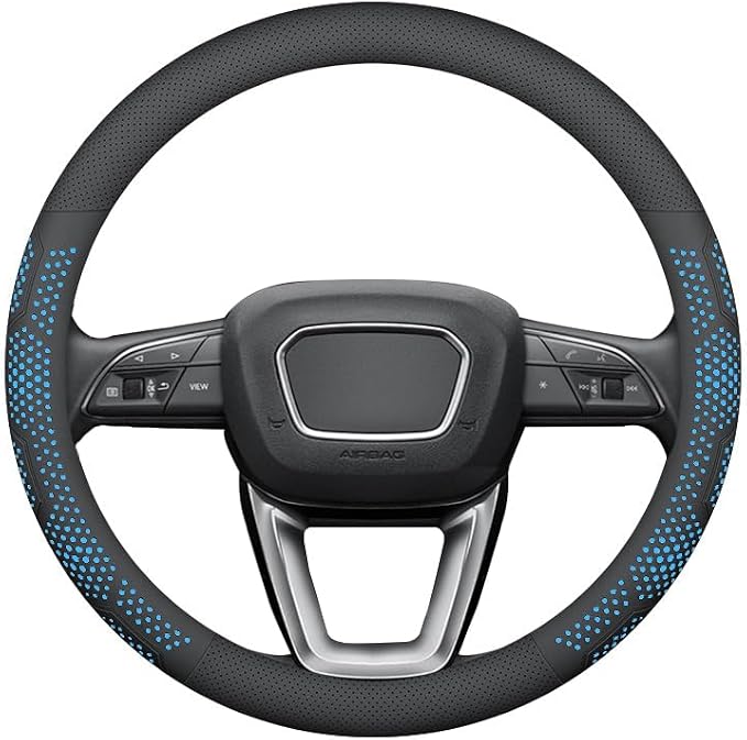 Yangday Leather Steering Wheel Cover for Chevy Silverado 1500 2500 3500, 14.5-15 inches Car Steering Wheel Cover with Non-Slip Breathable (Blue)