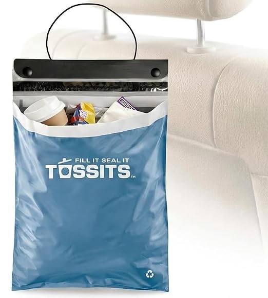 Tossits Hanging Car Trash & Garbage Bags, Disposable, Blue 7 Count | 2 gal, 12 x 15 in, fits over headrest or console, recycled plastic, leakproof, seals odors, everyday light waste