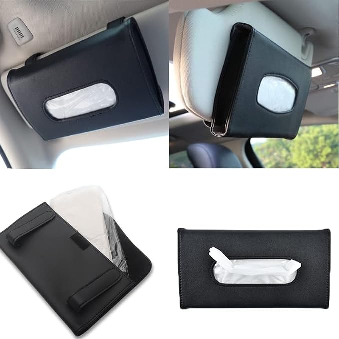 YVPSI Car Tissue Holder Sun Visor Napkin Holder with Tissue for Car (Black) | Refill Car Mask Holder PU Leather Tissue Box Tissue Box Holder Hanging Tissue Holder Mask Dispenser