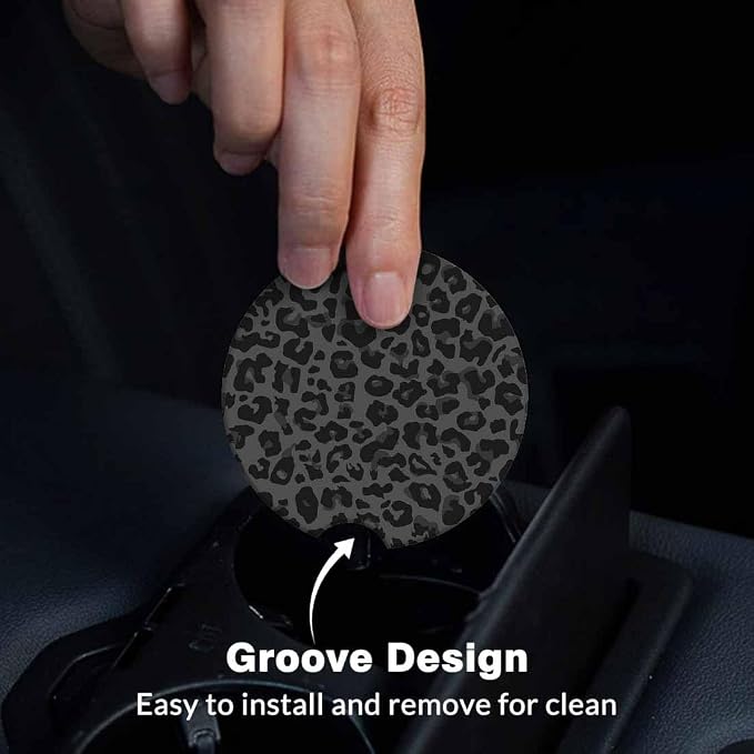 Leopard Skin Spots Car Cup Holder Coaster 2 Pack Absorbent Ceramic Car Coasters for Cup Holders Car Accessories Interior for Women Men Universal Anti Slip Cork Base Cup Coasters with Finger Notch