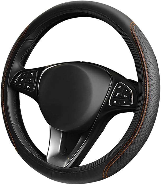 LoyaForba Leather Car Steering Wheel Cover, Elastic Breathable Anti-Slip Steering Wheel Protector, Car Interior Accessories for Men Women, Universal 15 Inch for Most Cars (Black/Orange)