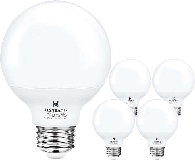 G25 LED Bathroom Light Bulbs, 5W (40W Equivalent), E26 Base 4000K Natural Daylight Vanity Mirror Light Globe Bulbs Uniform Lighting, High CRI Makeup Mirror Light Bulbs Not-Dimmable, 4 Pack