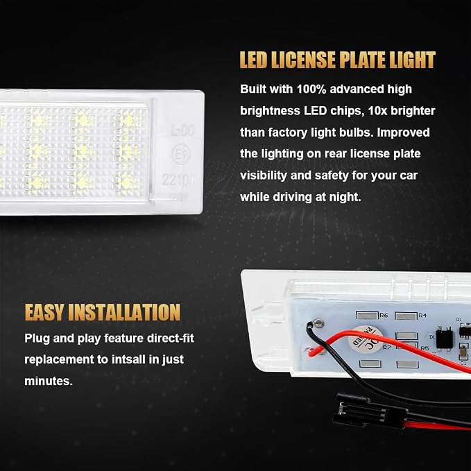 D-Lumina LED License Plate Light Tag Lamp Assembly for 2014-UP Chevy Camaro, 2013-2015 Chevy Malibu, 2011-UP Chevy Volt, Powered by 18-SMD 6000K Xenon White with Error-Free Load Resistors, Pack of 2