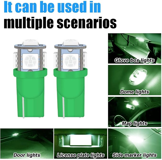 smilfuy 2PCS T10 194 LED Bulbs Tag Lights for License Plate, 6000K Green | Wedge 168 T10 2825 5SMD 5050 Chips LED Bulb, 12V Bulb Replacement for Car Interior Dome Map Door Courtesy License Plate Light