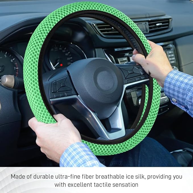 Elastic Stretch Steering Wheel Cover, Steering Wheel Protector, 15 Inch Anti-Slip Breathable Microfiber Ice Silk Protection, Easy Carry, Warm in Winter & Cool in Summer for Cars (Green)