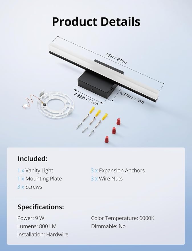 Combuh Black Bathroom Light Fixtures Over Mirror Lighting Gentle, 9W 16 Inch Modern LED Small Vanity Lamp Bar IP44 Slim Linear Bath Wall Sconces for Restroom Indoor Cool White 6000K