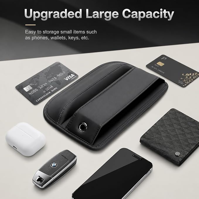 Premium Leather Car Seat Gap Filler Organizer, Universal Center Console Storage for Phone Keys Wallet, Car Accessories for SUV Truck Sedan(2Pack) (Black)