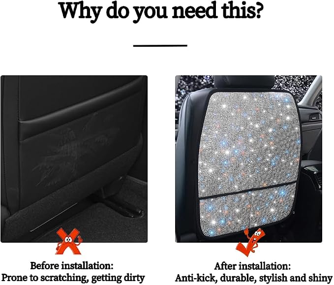 Bling Crystal Car Seat Back Kick Protectors with Storage, Sparkly Diamond Kick Mats, Universal Seat Protector for SUV and Automotive Crystal Auto Accessories for Women White 2pcs