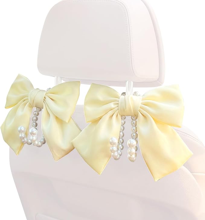 2PCS Satin Bow Pearl Car Seat Headrest Hooks β Car Bag Holder & Vehicle Hanger for Purses β Cute Coquette Aesthetic Interior Decoration β Cute Auto Organizer Accessories Universal (Pearl White)