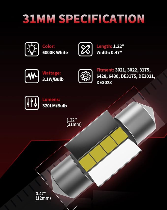 LASFIT DE3022 LED Bulb 31mm Festoon DE3175 DE3021 DE3023 1.22 inch 6428 6430 Canbus Error Free 400LM 6000K for Dome Map Door Interior Door Trunk Glove Box Vanity Mirror Lights Xenon White (Pack of 4)