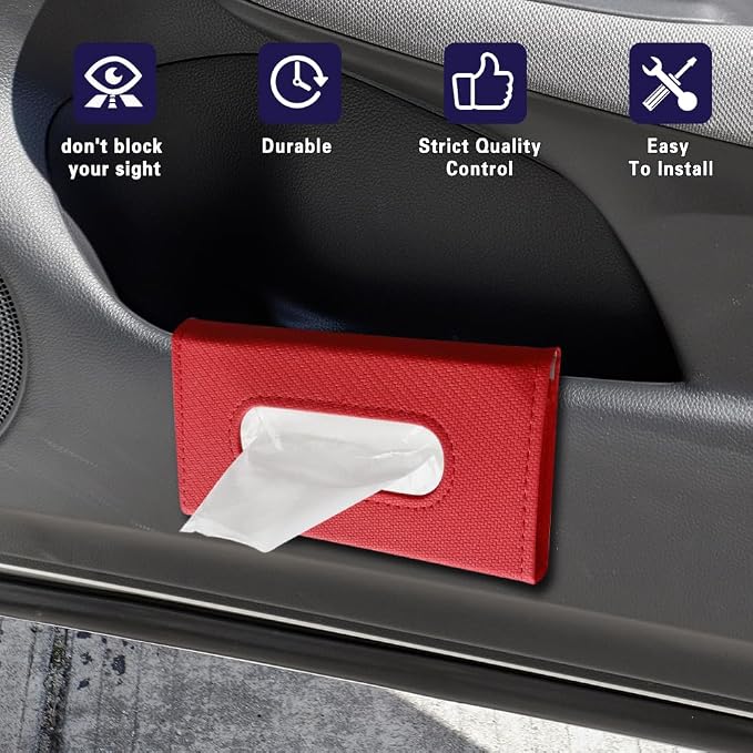 Car Visor Tissue Holder, Tissue Box Holder for Car, Leather Auto Sun Visor Napkin Case Mask Dispenser, Automotive Accessories Rectangular Hanging Auto Napkin Box Fit for Most Vehicles (Red)