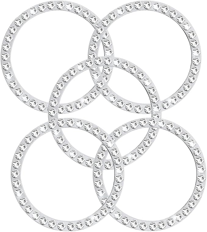 6 Pcs Car Bling Crystal Rhinestone Ring Emblem Sticker, Single Drainage Drill Car Start Button Cover, Key Ignition Knob Bling Ring Decals, Bling Car Accessories for Women, Silver