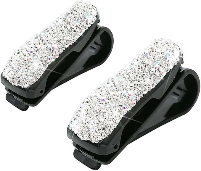 Moly Magnolia 2 PCS Glasses Holders for Car Sun Visor, Fashion Bling Crystal Rhinestones Car Eyeglasses Sunglasses Hanger Mount with Ticket Card Clip for Women Girls (Silver)