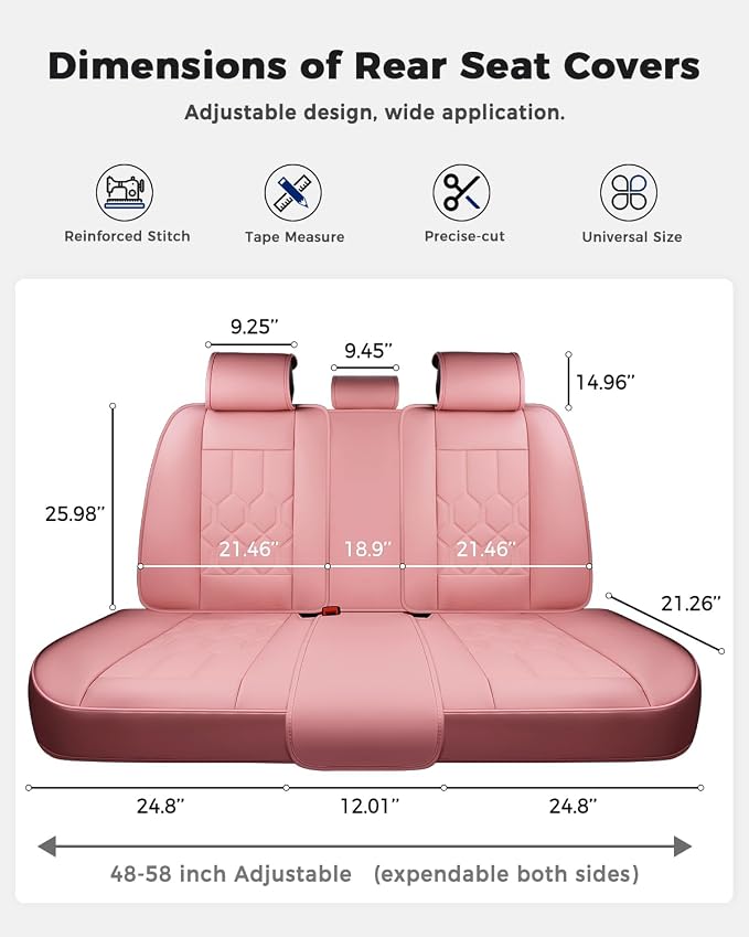 Huidasource Seat Covers Full Set, Universal Fit for Cars SUVs Trucks, Pink | Full Coverage Leather Car Seat Cover, Airbag, Cupholder Compatible, Seat Function Retain, Velcro Adjustable