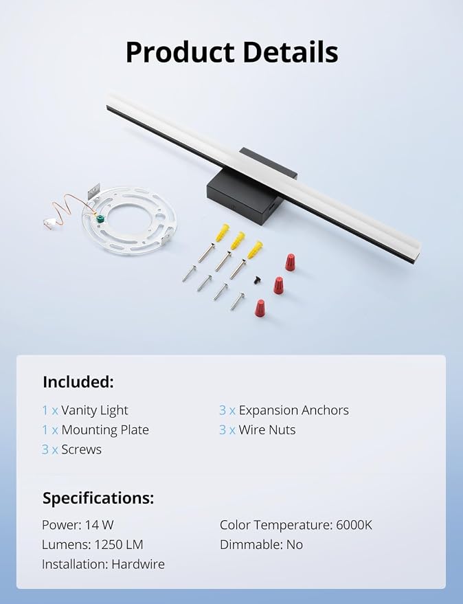 Combuh 24 Inch Black Vanity Lights for Bathroom Mirror Lighting Fixtures Gentle, 14W Modern Long Linear Restroom Wall Lamps Bar LED Lampara para Baño sobre Espejo Cool White 6000K