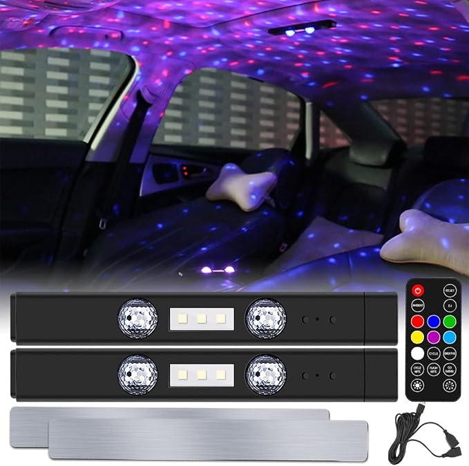 2Pcs Car Interior Ambient Light Wireless LED Starry Car Atmosphere Light USB Rechargeable Multicolor RGB LED Strip Light Remote/Sound Control Car Star Ceiling Light with Music Sync ZHAZHAMO