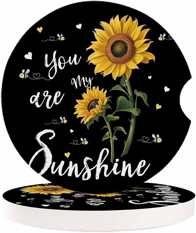Small Car Coasters for Cup Holders 2.65" Absorbent 6 Pack Car Coaster Ceramic Stone for Drinks Absorb Water Drops You are My Sunshine Sunflower and Bee on Black