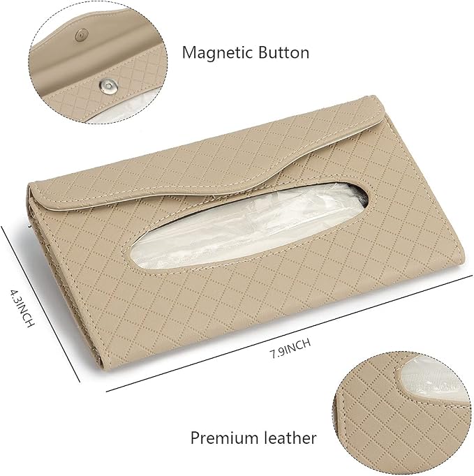 Car Visor Tissue Holder - Sun Visor Napkin Holder Backseat Tissue Case, Premium Leather Tissue Box Car Tissue Holder for Car Sun Visor & Seat Back (Beige, 1 Pack)