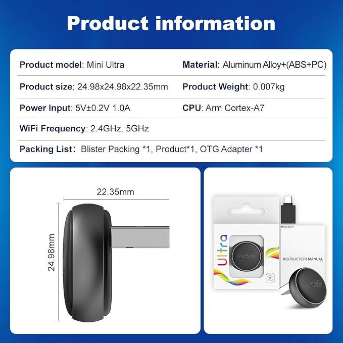 Carlinkit Wireless CarPlay & Android Auto Adapter - Mini Ultra 3 Convert OEM Wired to Wireless Dongle for iPhone & Android 11+, USB-A/Type-C Plug & Play, Fast Connection, Online Upgrade