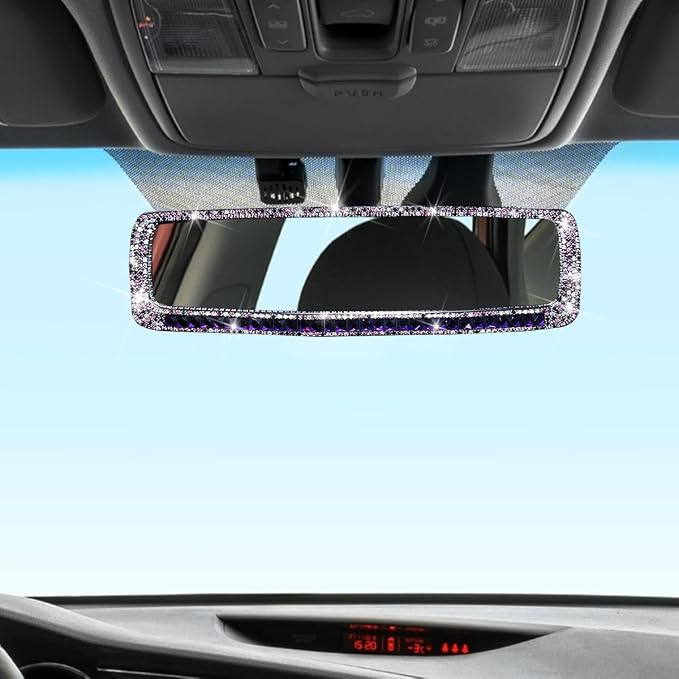 Bling Car Rear View Mirror, Rhinestones Crystal Clip-on Rearview Mirror with HD Glass, Compatible with Most Cars, SUVs, Vehicles, Auto Interior Accessories for Women Girl (Purple)