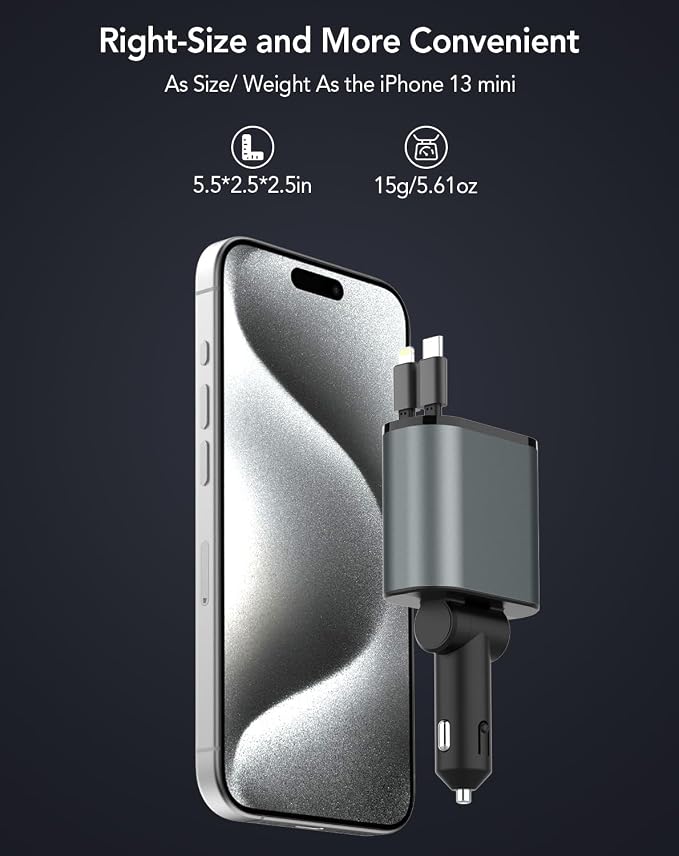 Retractable Car Charger,Car Phone Charger USB C Fast Charge for iPhone | EloBeth Car Charger,Cigarette Lighter USB Charger Car Accessories,Road Trip Essentials Gift for Men,for iPhone 17/16,Galaxy