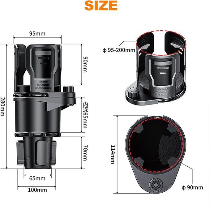 Dual-Layer Car Cup Holder Expander โ Lower Cup Holder (9cm) + Upper Adjustable Bucket Holder (Fits 9.5โ20 cm Diameter) โ for Drinks, Popcorn, Fried Chicken Buckets, Phones โ Non-Slip, Universal Fit