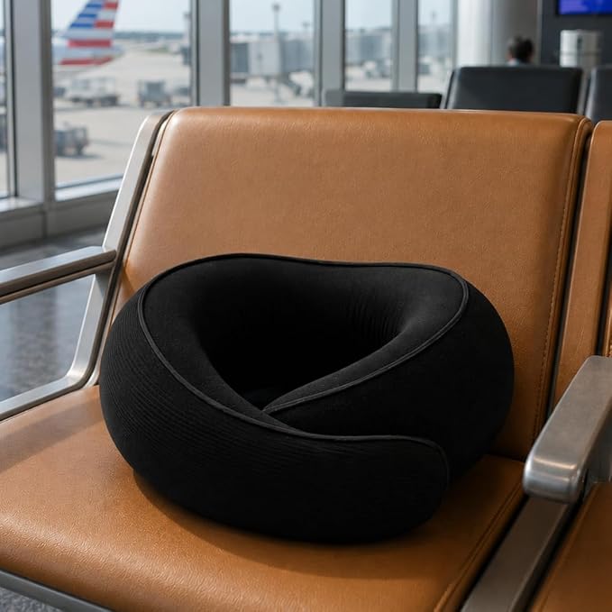 FlyHugz® Neck Travel Pillow Memory Foam Neck Pillow for Comfort on Airplane Compact and Ergonomic Design for Travel, Car Rides, and Home Use Ideal for Adults and Kids. (Midnight Black)
