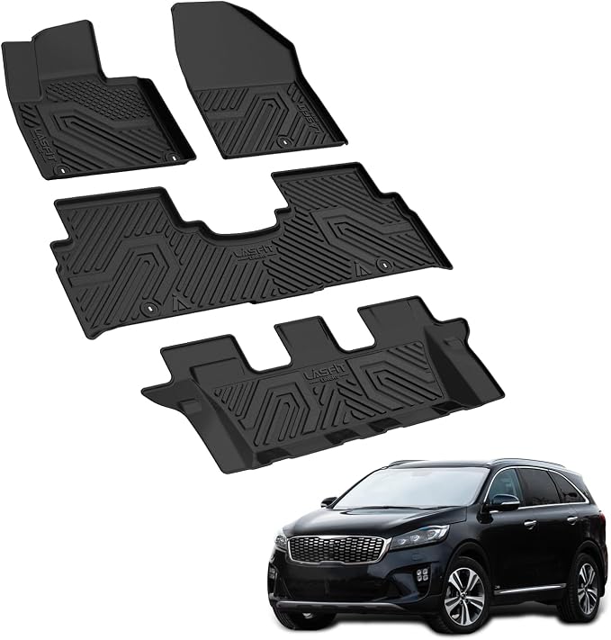 LASFIT Floor Mats for KIA Sorento 7 Seats 2020 2019 2018 2017 2016, All Weather TPE Custom Fit Floor Liners for KIA Sorento 1st & 2nd & 3rd Row Car Mats, Black