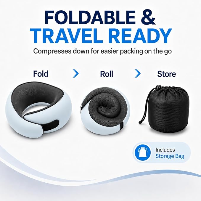 Travel Neck Pillow for Airplanes, Pure Memory Foam Neck Pillow with Washable Cover and Storage Bag, Ergonomic 360° Support for Sleeping, Car, Office, Home, Black