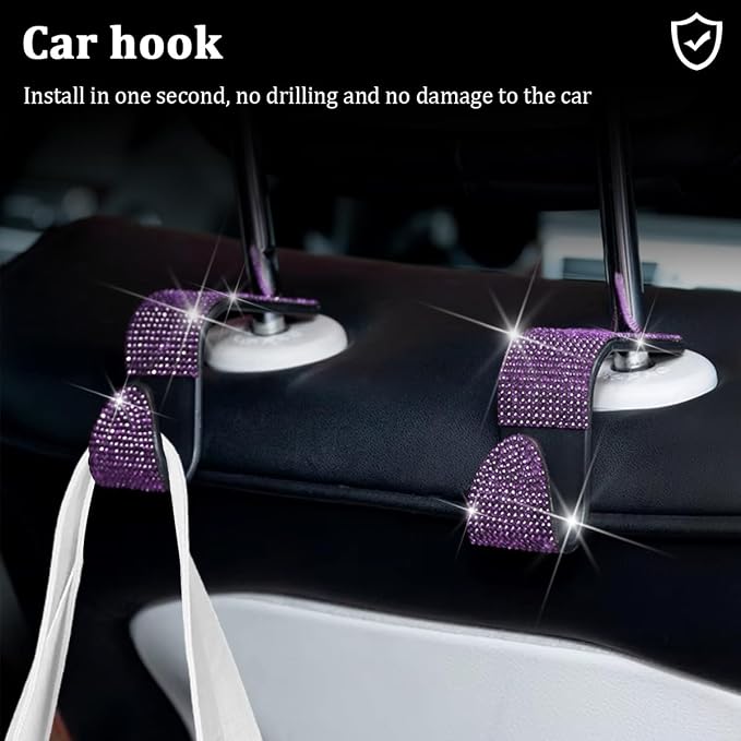 27PCS Bling Car Accessories Set for Women, 14.5-15" Crystal Rhinstone Steering Wheel Cover, License Plate Frame, USB Charger Phone Holder, Girly Auto Interior Decor Set, Universal Fit (Purple)
