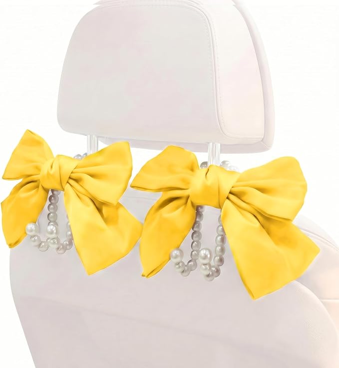 2PCS Satin Bow Pearl Car Seat Headrest Hooks β Car Bag Holder & Vehicle Hanger for Purses β Cute Coquette Aesthetic Interior Decoration β Cute Auto Organizer Accessories Universal (Sunshine Yellow)