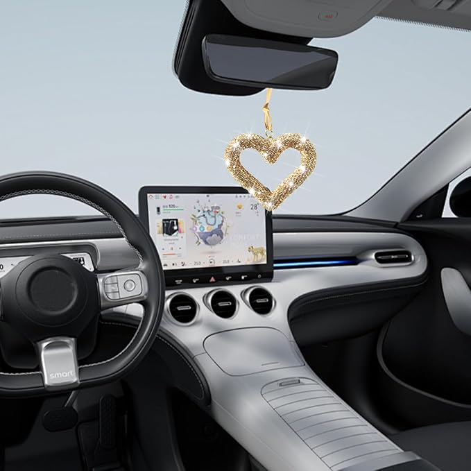 Mandark Bling Heart Car Hanging Accessories, Crystal Rhinestone Vehicle Rear View Mirror Charm Pendant Ornaments, Cute Diamond Auto Interior Hanger Decoration for Women Girls(Golden)